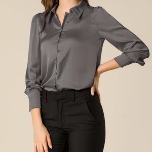 NWT Allegra K Women's Charcoal Satin Button Down Shirt